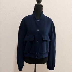 Women’s Navy Blue Bomber Jacket Lined Press Buttons Minimal Chic